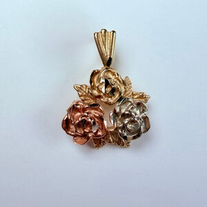 14K Solid TriColor Gold Black Hills Roses Floral Charm Pendant Necklace